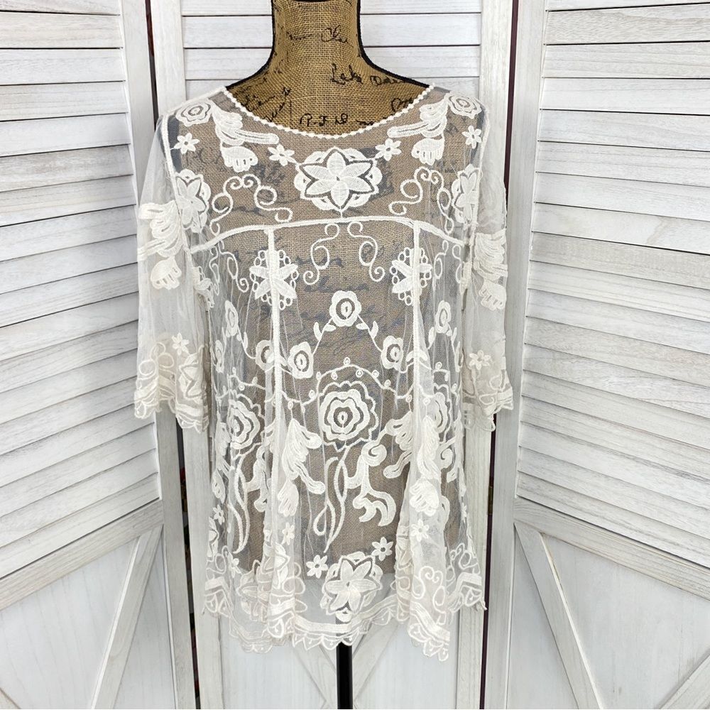 En Crème Boho Sheer Embroidery Lace Pullover‎ Blouse Cream Medium
